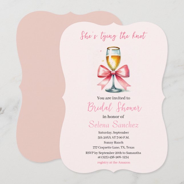 Invitation Pink Bow Coquette Prosecco Douche nuptiale (Devant / Derrière)