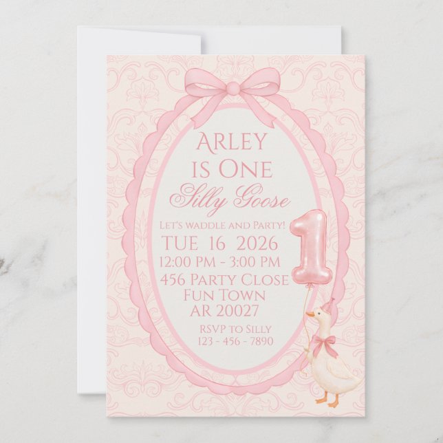 Invitation Pink Bow Coquette Silly Goose 1st Birthday Invitat (Devant)