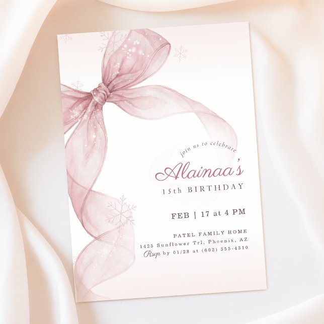Invitation Pink Bow Coquette Snowflake Winter 15th Birthday (Créateur téléchargé)