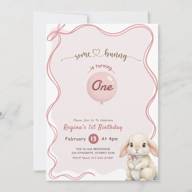 Invitation Pink Bow Coquette Some Bunny 1st Birthday (Devant)