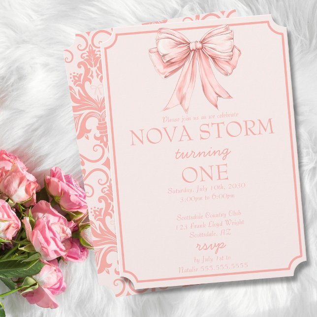 Invitation Pink Bow Coquette Toile Demask Jalon Anniversaire (Créateur téléchargé)