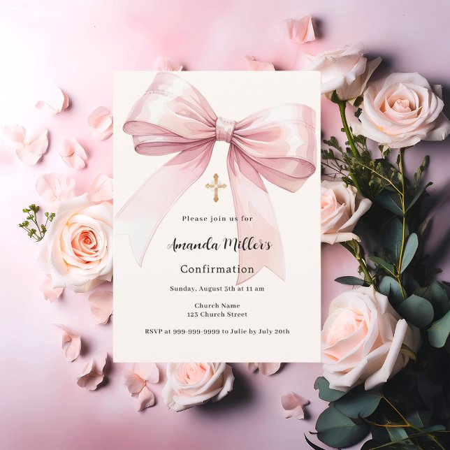 Invitation Pink bow crème fille Confirmation (Créateur téléchargé)