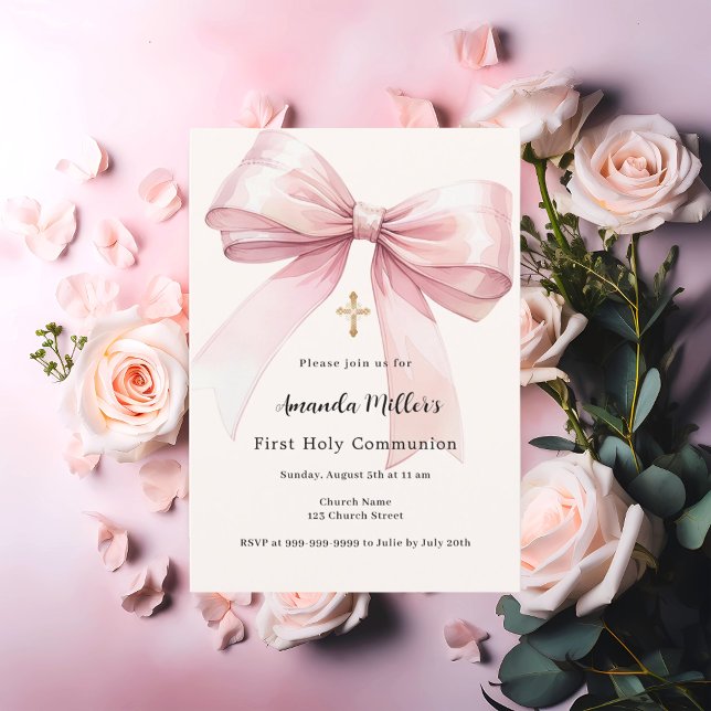 Invitation Pink bow crème fille Première communion (Créateur téléchargé)
