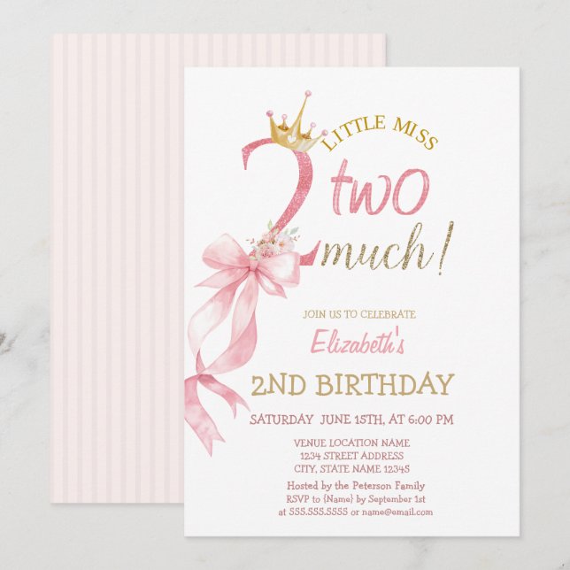 Invitation Pink Bow Crown Flowers Striped 2nd Birthday  (Devant / Derrière)