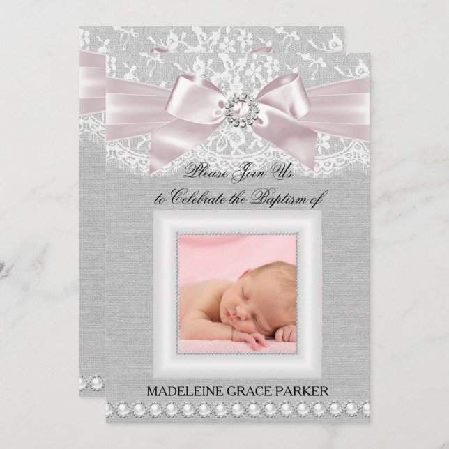 Invitation Pink Bow & dentelle photo Baptême / Christening In (Devant / Derrière)