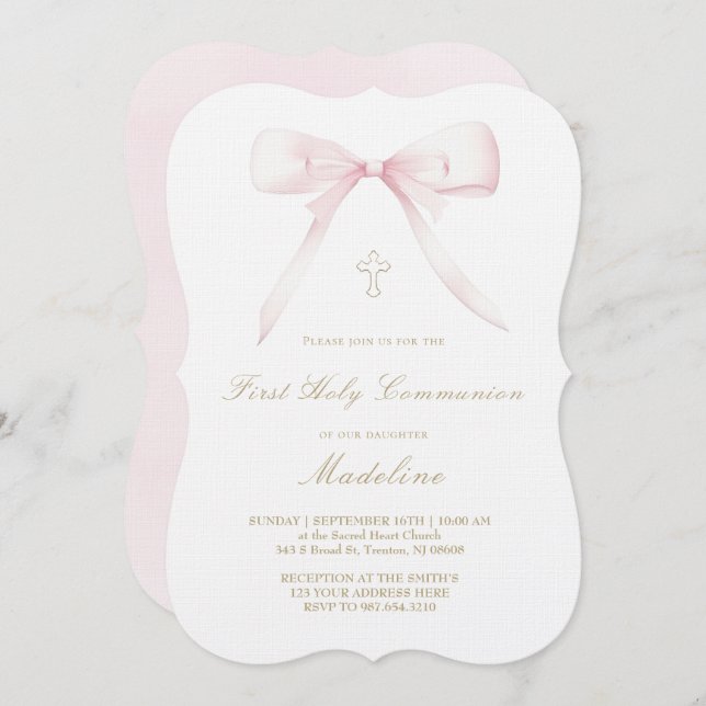Invitation  pink bow design First Holy Communion girl (Devant / Derrière)
