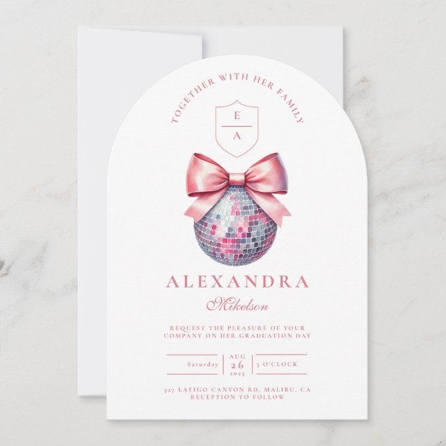 Invitation Pink Bow Disco Ball Party (Devant)