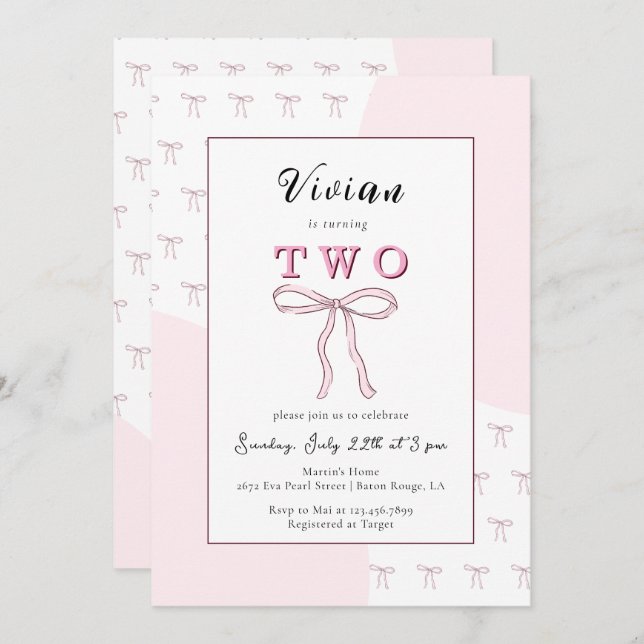 Invitation Pink Bow Doodle Girl 2e anniversaire (Devant / Derrière)
