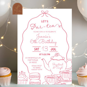 Invitation Pink Bow Doodle Let's Par-Tea Anniversaire