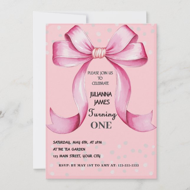 Invitation Pink Bow Elegant 1er anniversaire fête (Devant)