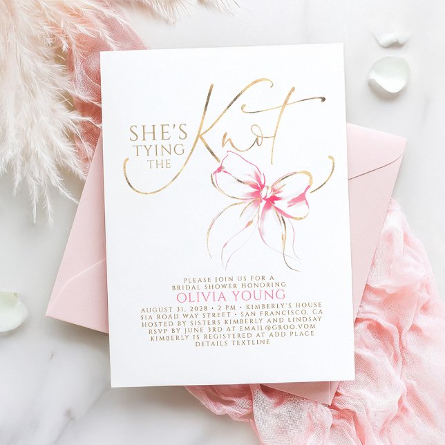 Invitation Pink Bow Elegant Modern Minimalist Bridal Shower (She's Tying The Knot Bridal Shower Invitation with Pink Bow)