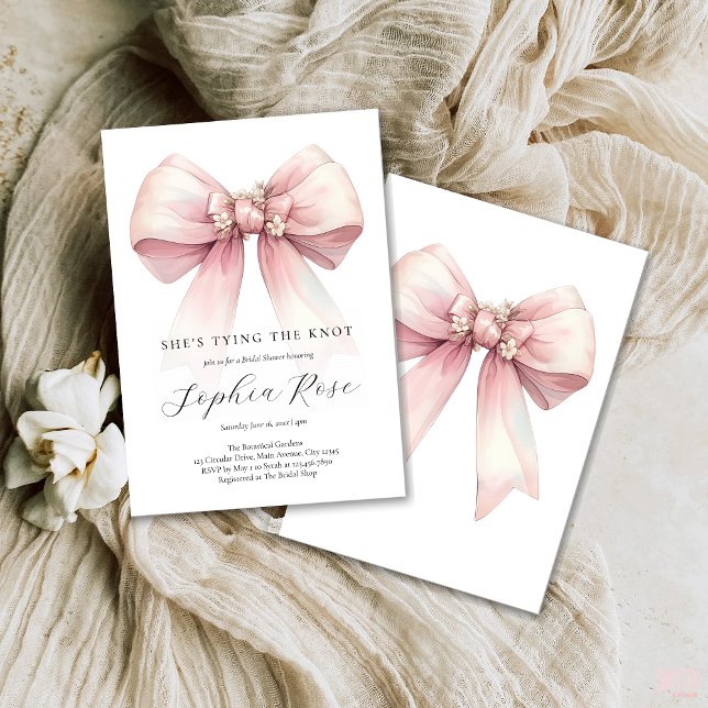 Invitation Pink Bow Elle Tying The Knot Fête des mariées (Shes tying the knot bridal shower invitation with pink bow for modern coquette theme)