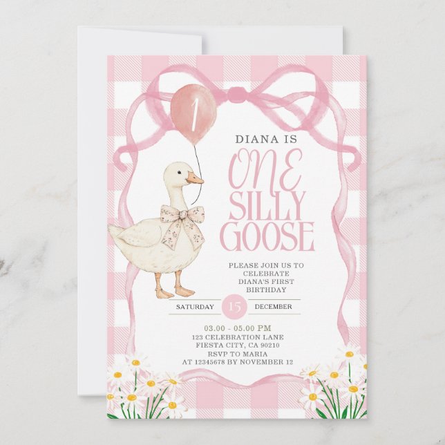Invitation PINK BOW En vichy Daisy One Silly Goose Birday (Devant)