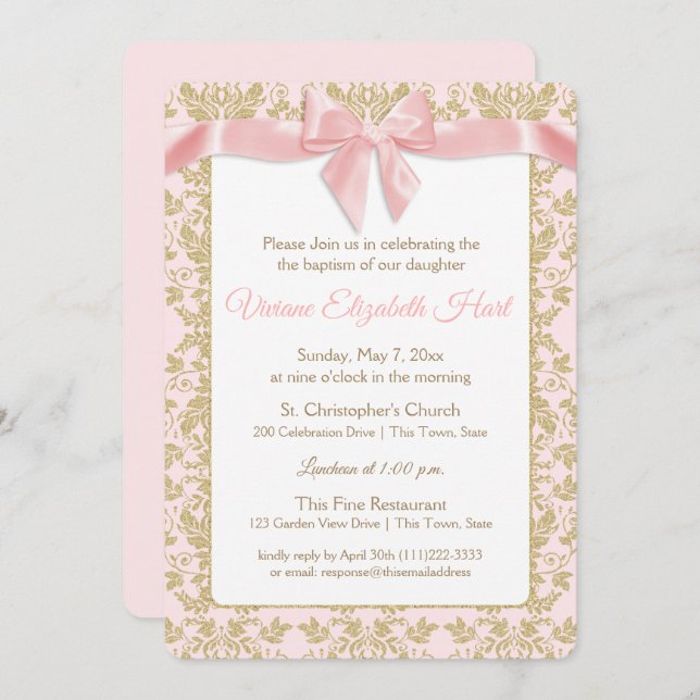 Invitation Pink Bow et Gold Damask Baptême (Devant / Derrière)