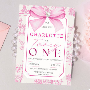 Invitation Pink Bow Fancy One Girl Chic Coquette 1er annivers