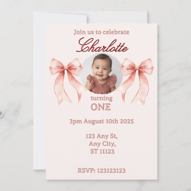 Invitation Pink Bow First Birthday! (Devant)
