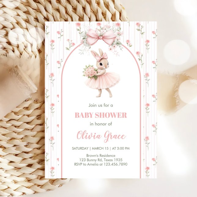 Invitation Pink Bow & Floral Bunny Baby Shower  (Créateur téléchargé)