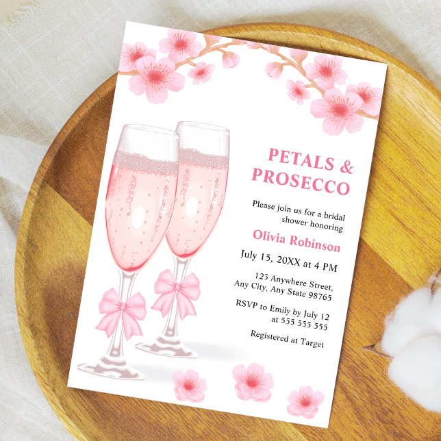 Invitation Pink Bow Floral Petals and Prosecco Bridal Shower  (Pink Bow Floral Petals and Prosecco Bridal Shower Invitation )