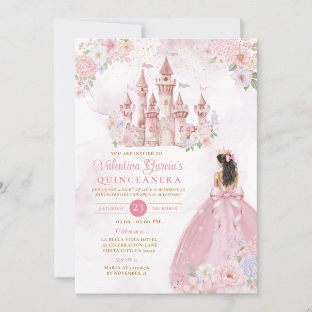 Invitation Pink Bow Floral Princess Royal Castle Quinceañera (Devant)