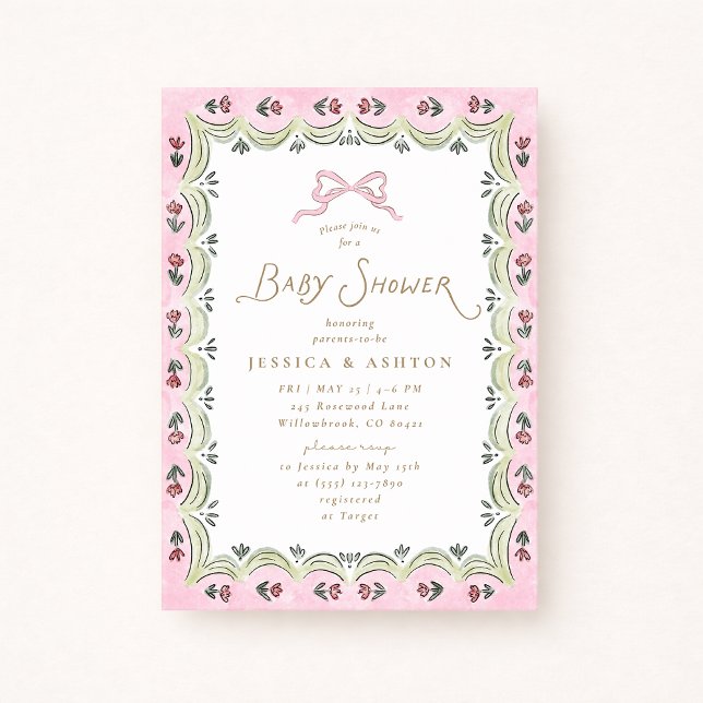 Invitation Pink Bow Floral Scalloped Frame Baby Shower  (Créateur téléchargé)