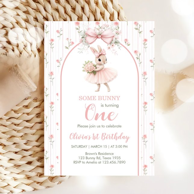Invitation Pink Bow & Floral Some Bunny is One 1st Birthday (Créateur téléchargé)