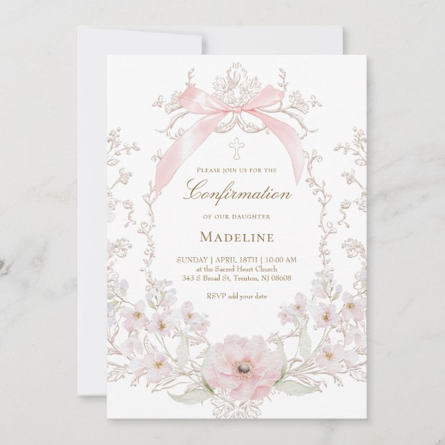 Invitation  pink bow flowers frame Confirmation (Devant)
