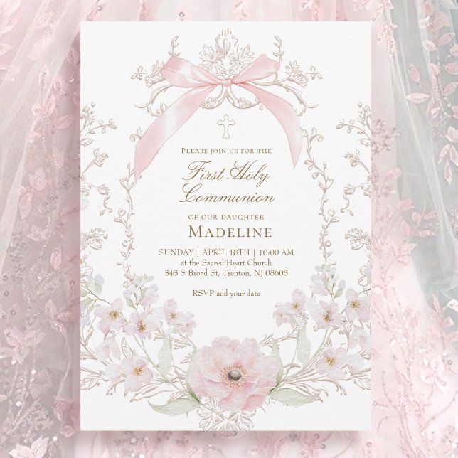 Invitation  pink bow flowers frame First Holy Communion (Créateur téléchargé)