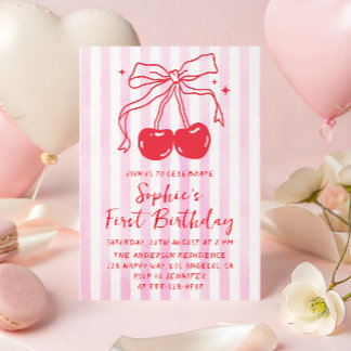 Invitation Pink Bow Fruit Sweet Cherry First Birthday