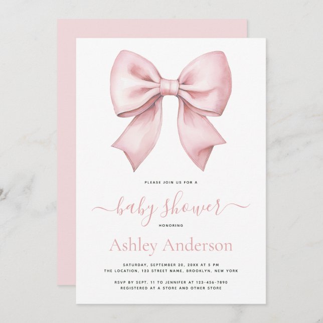 Invitation Pink Bow Girl Baby Shower (Devant / Derrière)