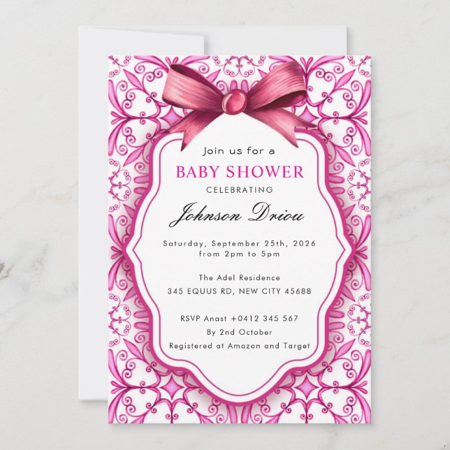 Invitation Pink Bow Girl Baby Shower (Devant)