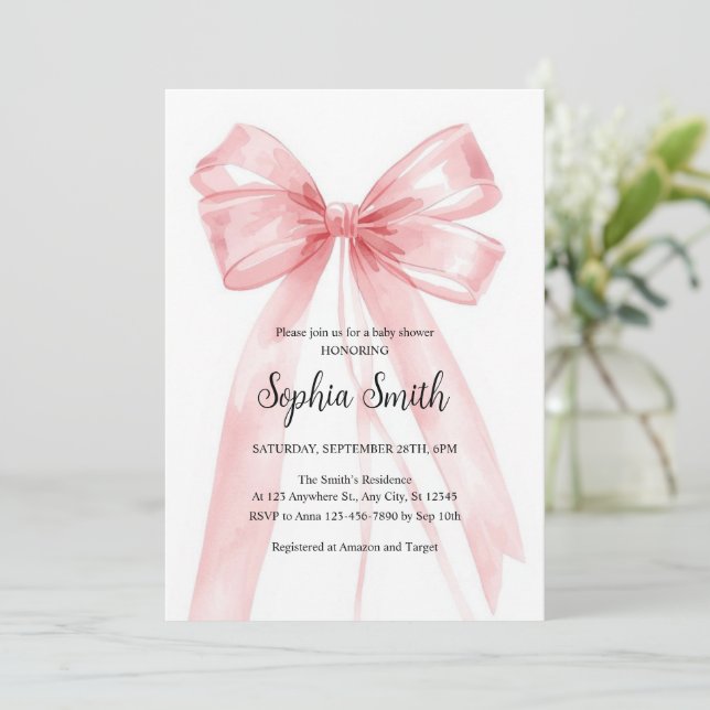 Invitation Pink Bow Girl Baby Shower Watercolor (Debout devant)