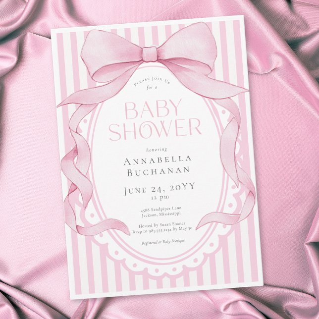 Invitation Pink Bow Girl Coquette Striped Baby Shower  (Créateur téléchargé)
