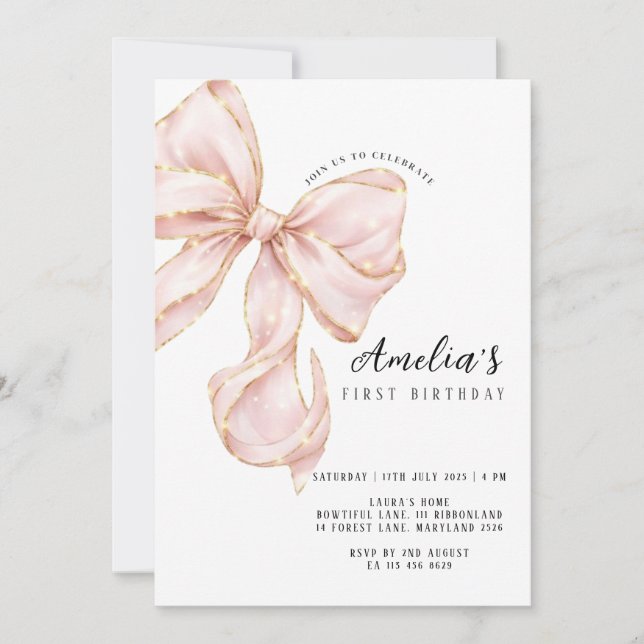Invitation Pink Bow Girl First Birthday  (Devant)