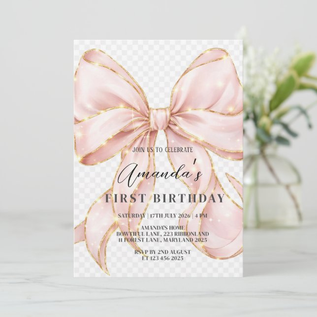 Invitation Pink Bow Girl First Birthday  (Debout devant)