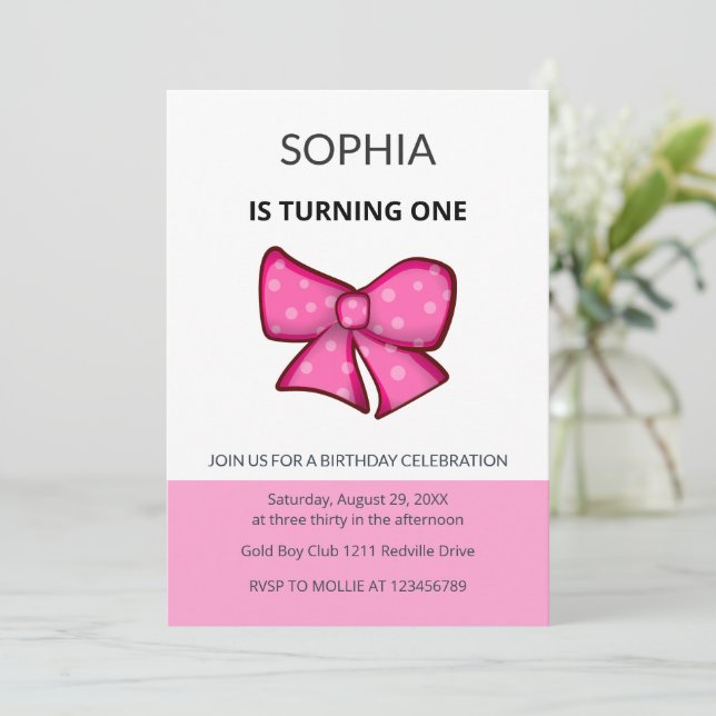 Invitation Pink Bow Girl Kids First Birthday  (Debout devant)