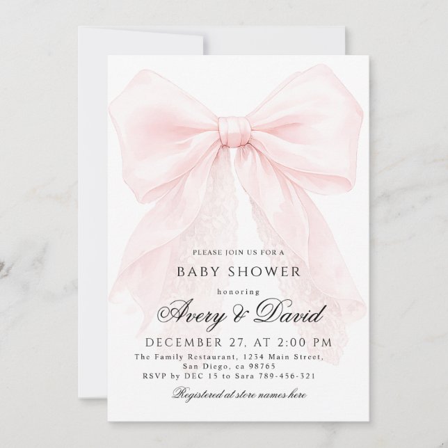 Invitation Pink Bow Girl Modern Baby Shower  (Devant)