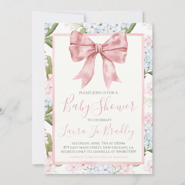 Invitation Pink Bow Girl Preppy Baby shower Sud (Devant)