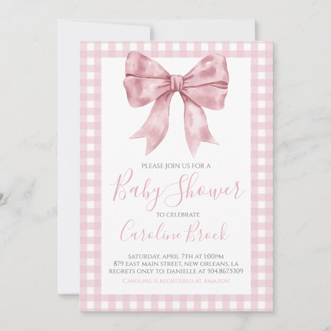 Invitation Pink Bow Girl Preppy Baby shower Sud (Devant)