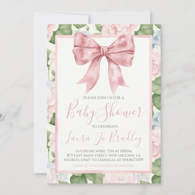 Invitation Pink Bow Girl Preppy Baby shower Sud (Devant)