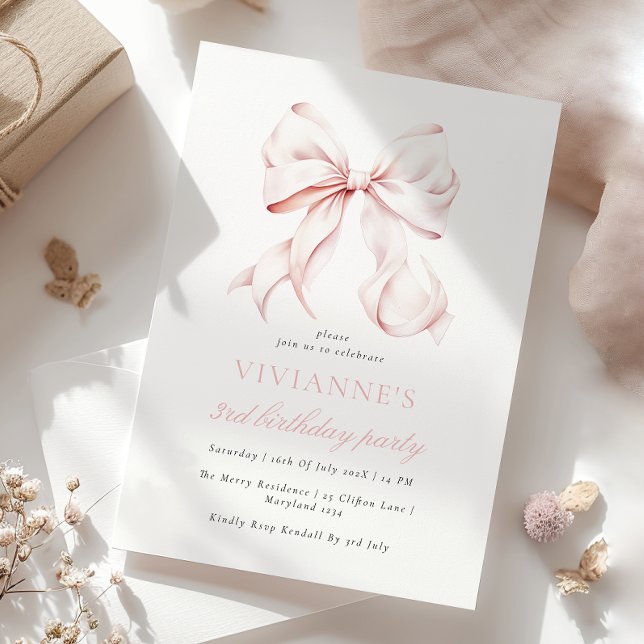Invitation Pink Bow Girl Troisième anniversaire (Créateur téléchargé)