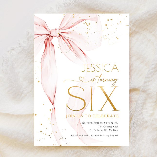 Invitation Pink Bow Girls 6th Birthday  (Créateur téléchargé)