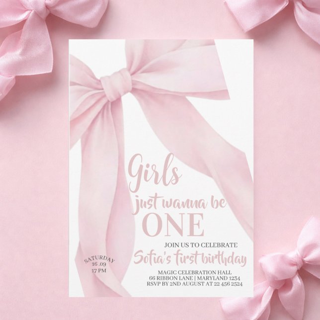 Invitation  Pink Bow Girls Just Wanna be ONE First Birthday (Créateur téléchargé)