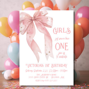 Invitation Pink Bow Girls veut juste être un 1er anniversaire