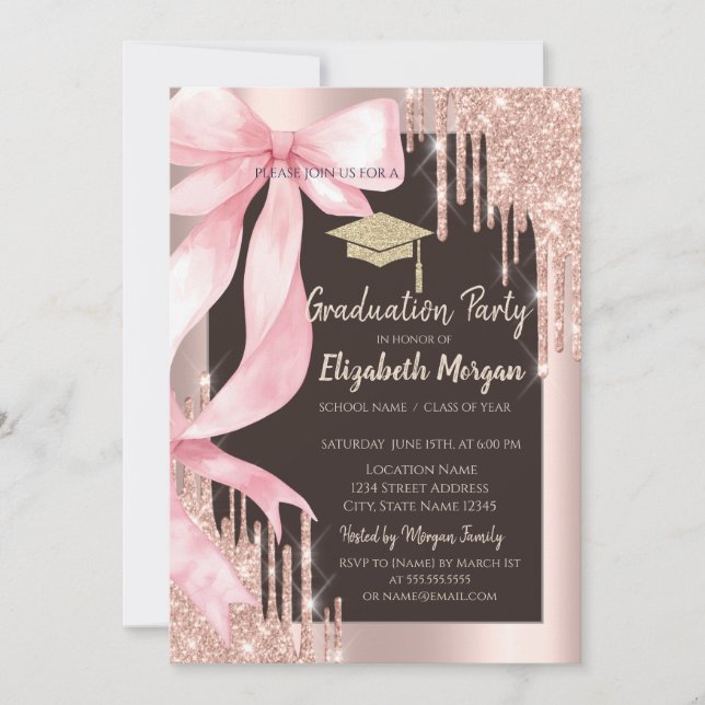 Invitation Pink Bow Glitter Grad Cap,Drips Photo Brown  (Devant)