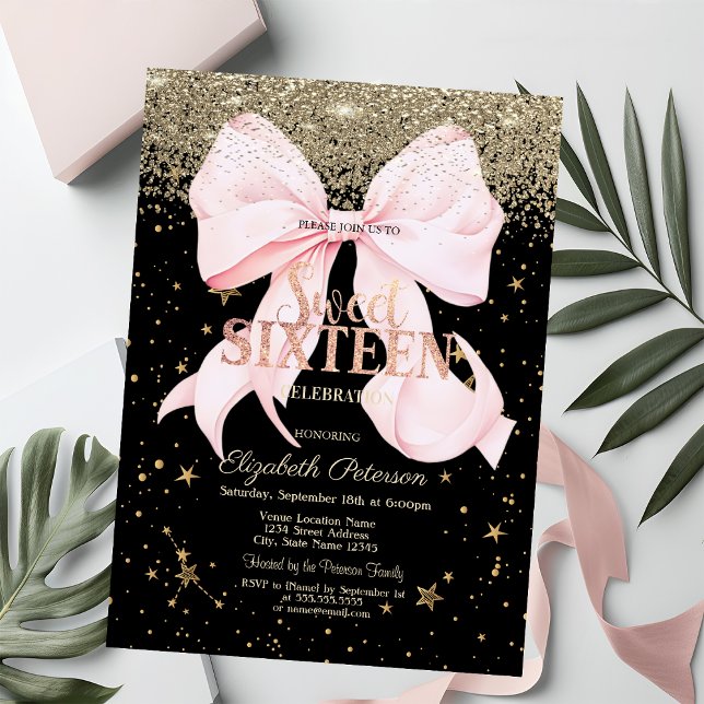 Invitation Pink Bow Gold Diamonds Stars Black Sweet 16 (Créateur téléchargé)