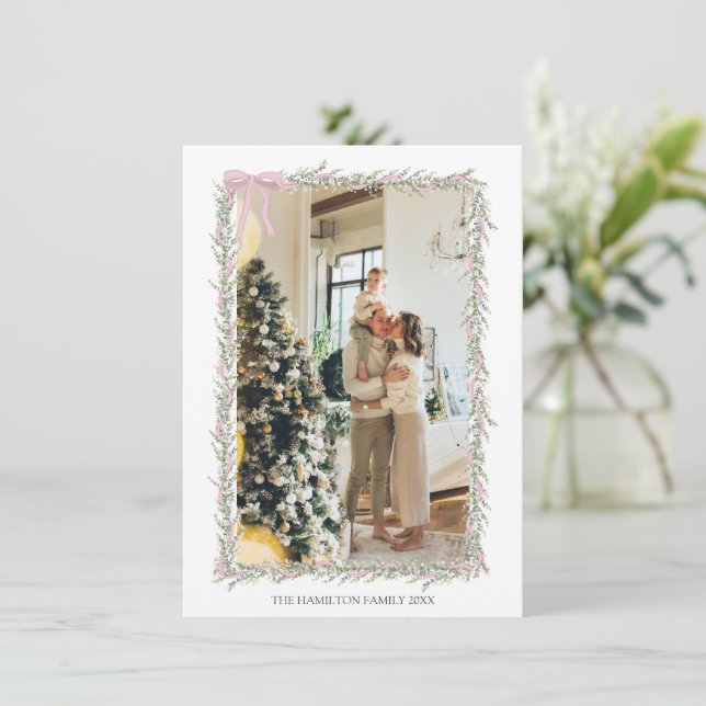 Invitation Pink Bow Green Garland Photo de Noël (Debout devant)