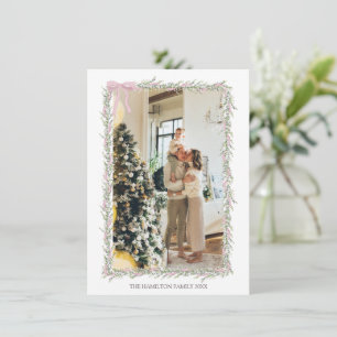 Invitation Pink Bow Green Garland Photo de Noël