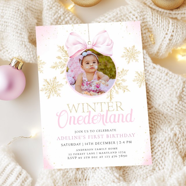 Invitation Pink Bow hiver Onederland Girl premier anniversair (Créateur téléchargé)