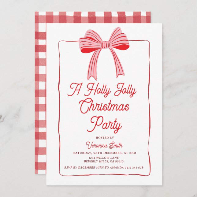 Invitation Pink Bow Holly Holiday Party Festive (Devant / Derrière)