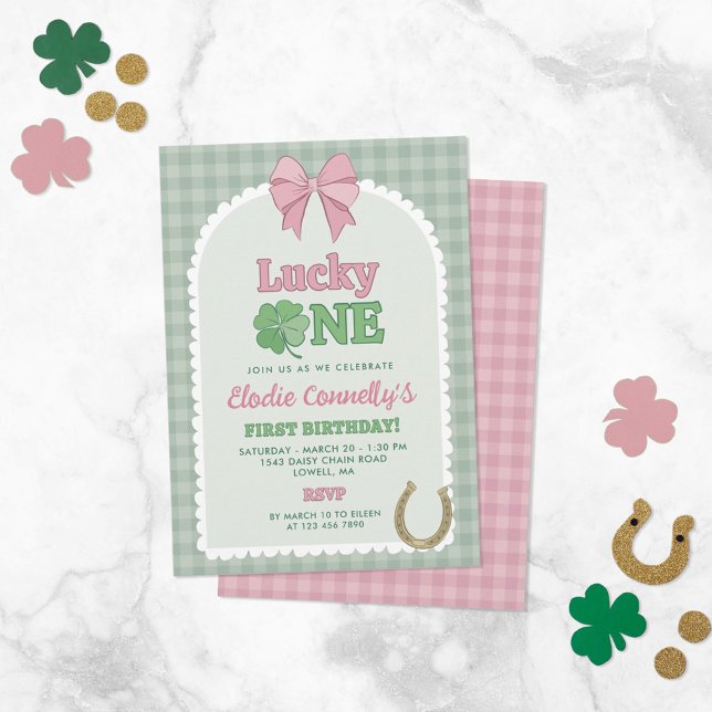Invitation Pink Bow Horseshoe Clover Lucky One Birthday (Créateur téléchargé)